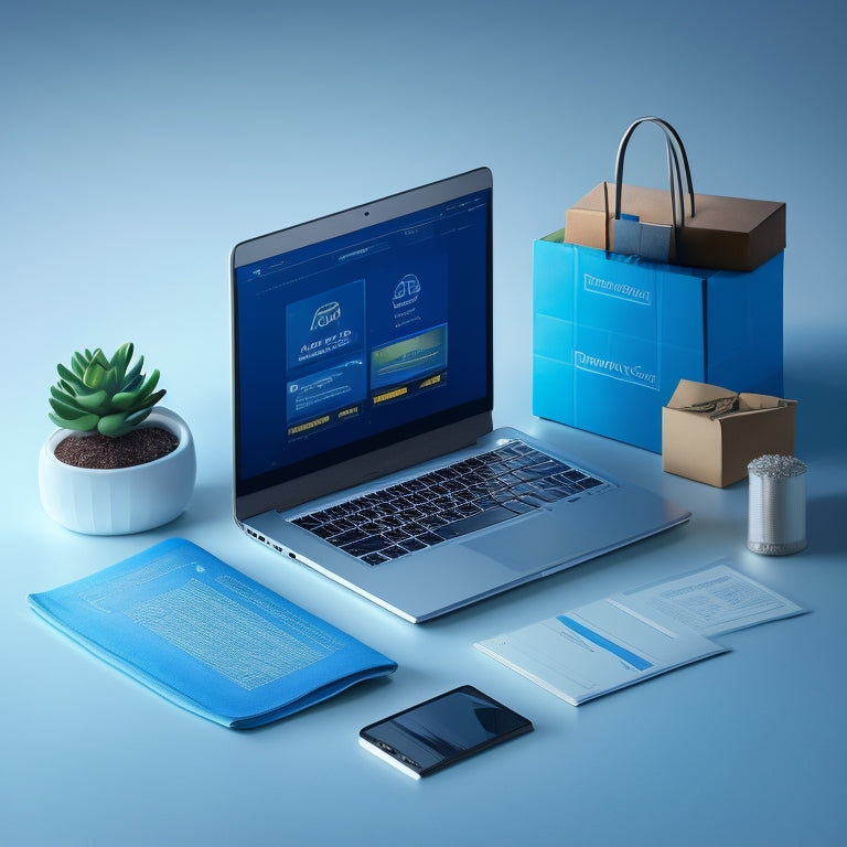 A minimalist illustration featuring a laptop with a glowing screen, surrounded by icons of various digital tools (e.g., magnifying glass, chart, and gear) and a subtle background of e-commerce elements (e.g., shopping cart, package).