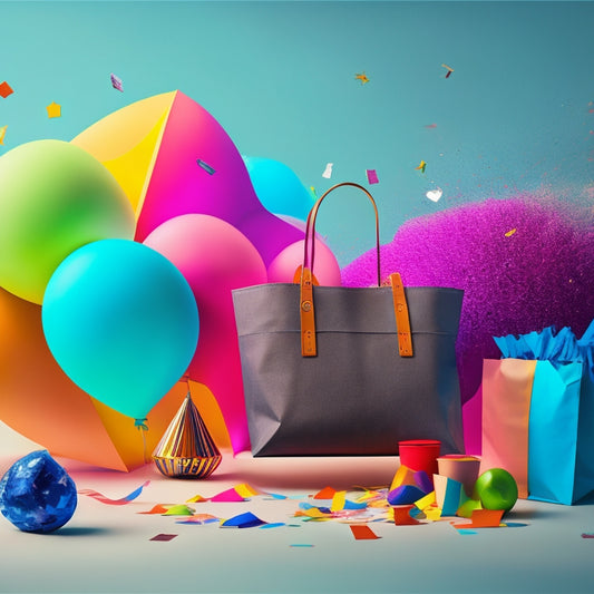 A stylized illustration of a website's transformation: a dull, grey webpage morphing into a vibrant, shopping-bag-filled online store with colorful products and a rising arrow, surrounded by confetti and sparks.