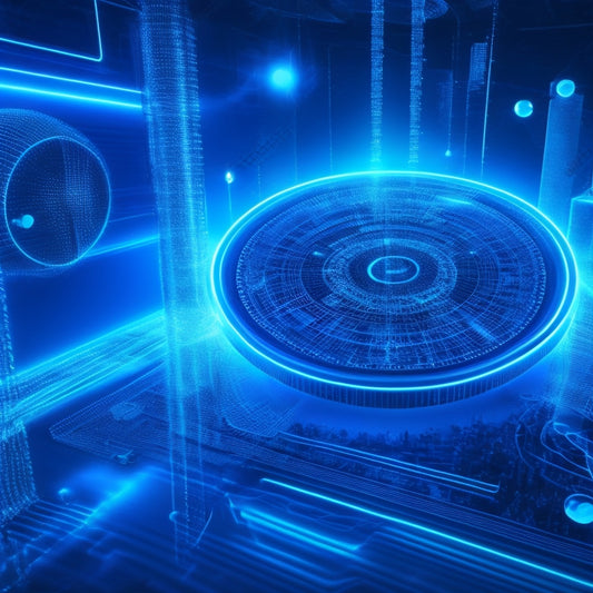 A futuristic e-commerce background with glowing blue circuits, a 3D Shopify logo, and various digital download icons (e.g., ebooks, music files, and software) orbiting around it in a dynamic, swirling motion.