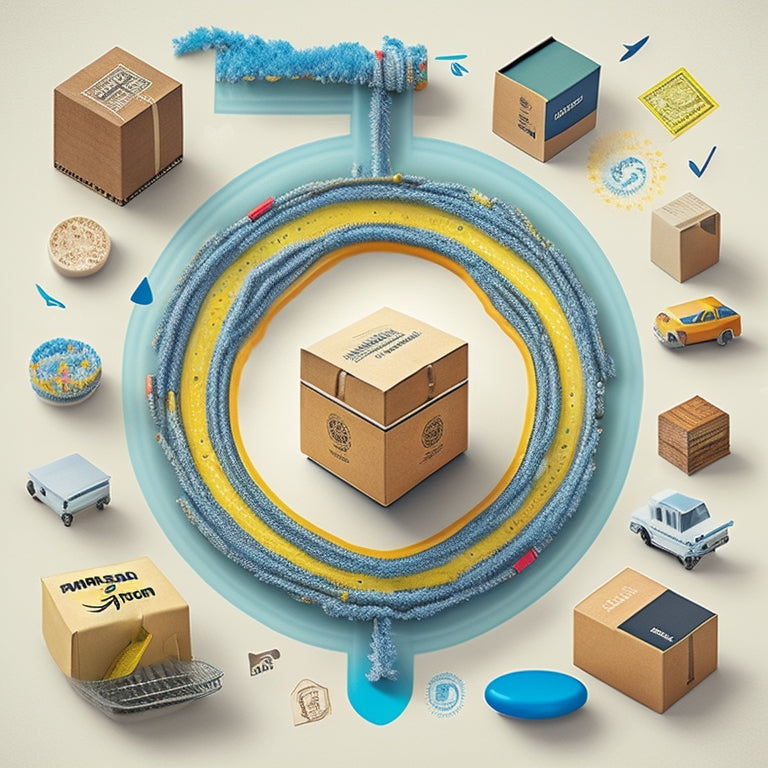 An illustration of a seamless integration of Amazon and Stamps.com logos, with a stylized shipping box in the center, surrounded by swirling arrows and dotted lines, conveying speed and efficiency.