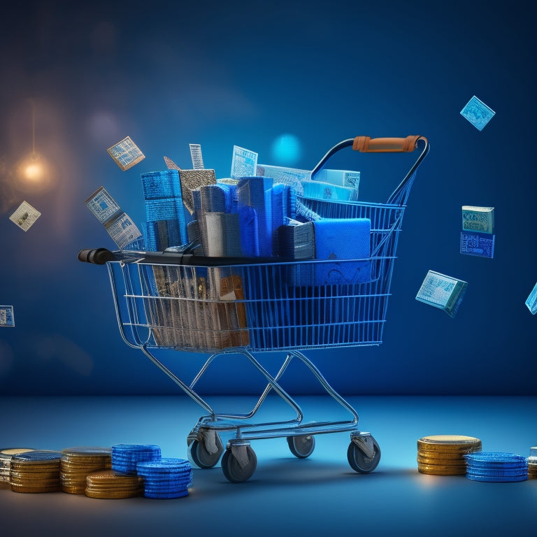 An illustration of a rising bar graph made up of tiny shopping carts, with each cart overflowing with coins and surrounded by orbiting gears, cogs, and sparks, set against a dark blue background with subtle grid lines.