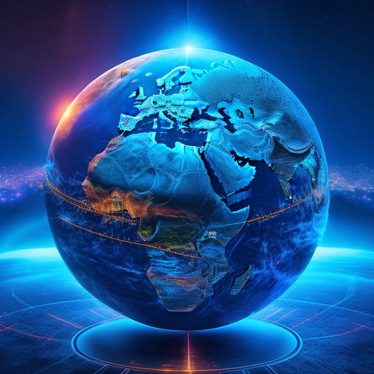 A stylized globe with glowing blue digital pathways connecting major cities, surrounded by orbiting mobile devices, credit cards, and currencies, with a subtle background of circuit boards and wires.