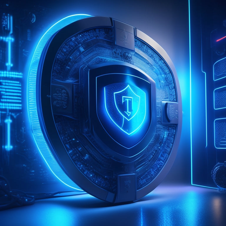 A futuristic, high-tech illustration featuring a shield protecting a digital product, surrounded by glowing blue circuits, firewall blocks, and encrypted codes in a dark, neon-lit background.