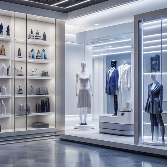 A futuristic retail store interior with 3D printers humming in the background, surrounded by shelves stocked with intricate, customized products, and a sleek, minimalist mannequin displaying a bespoke outfit.