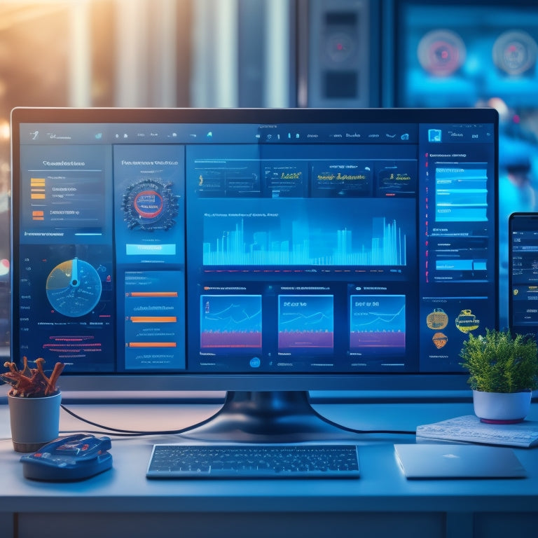 A futuristic ecommerce dashboard with interconnected gears, screens, and wires, featuring a central laptop displaying a sales analytics graph, surrounded by icons of popular digital tools.