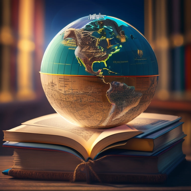 A stylized illustration of a globe with books radiating from its center, each one attached to a thin, glowing thread that stretches to different parts of the world, symbolizing global distribution.