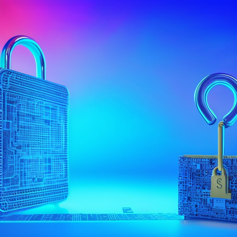 A stylized illustration of a digital key unlocking a padlock on an ecommerce website, with a download icon and shopping cart in the background, surrounded by subtle circuit board patterns.