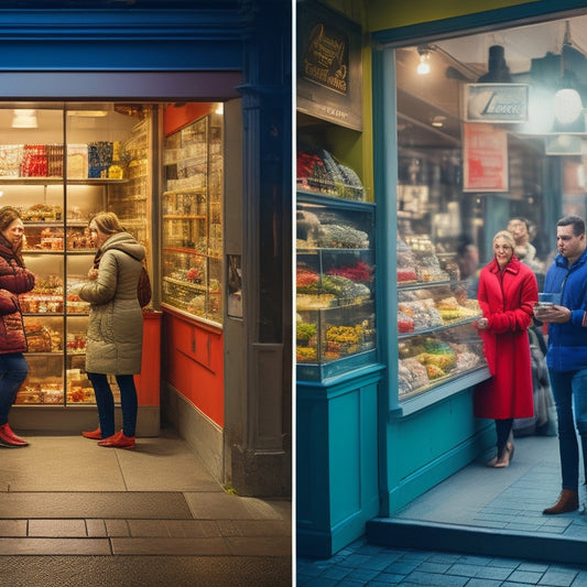 A split-screen image featuring a dimly lit, cluttered storefront on the left, with a few customers browsing, versus a bright, modern, and organized storefront on the right, with many happy customers shopping.