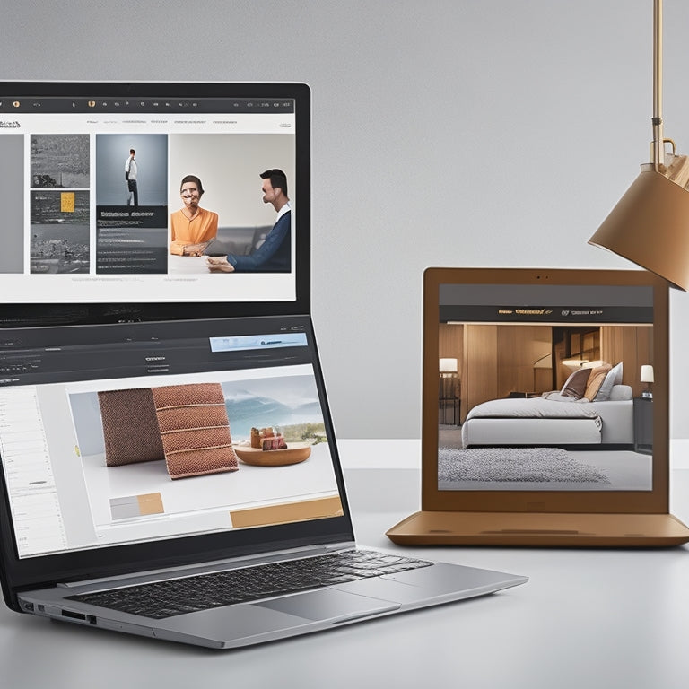 Illustrate a split-screen image: a laptop displaying a spreadsheet with organized product data on the left, and a stylized ecommerce website with streamlined product links on the right.