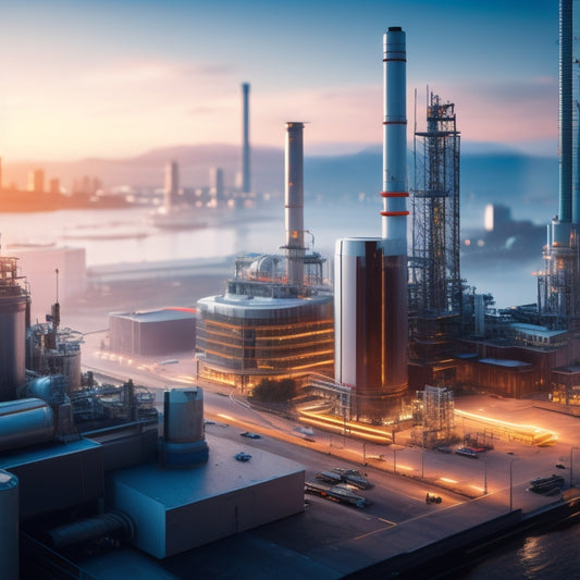 A stylized, modern factory with sleek machinery and gleaming metal surfaces, surrounded by rising charts and graphs, with a subtle cityscape in the background, symbolizing growth and innovation.