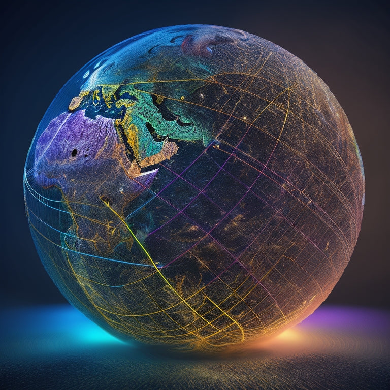 A stylized globe with interconnected threads of varying colors and textures, forming a intricate network, surrounded by subtle, glowing light accents and soft, gradient shading.