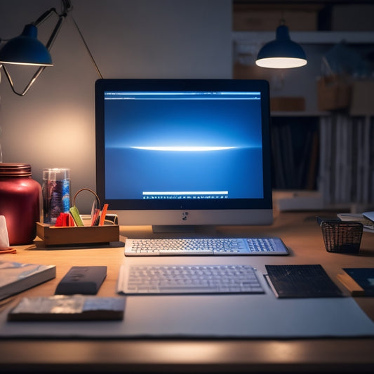 A stylized, minimalist illustration of a laptop on a clutter-free desk, surrounded by scattered craft supplies, with a subtle glowing light emanating from the screen, symbolizing creativity and digital success.