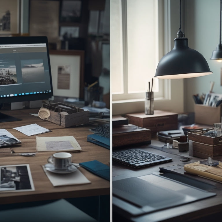 A split-screen image featuring a messy desk with scattered frames and photos on one side, and a sleek, organized digital workspace with frames and photos neatly arranged on the other.