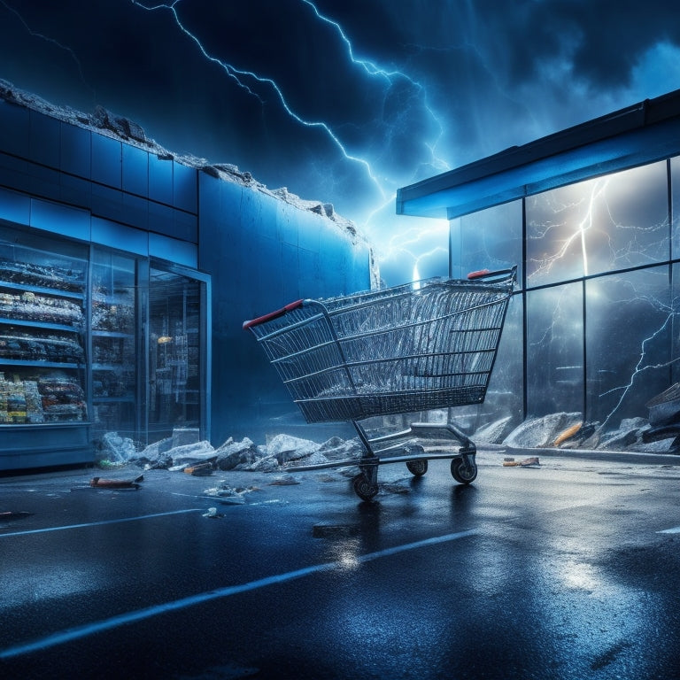 A fractured ecommerce storefront with broken shopping carts, torn price tags, and shattered product images, set against a dark and stormy background with lightning bolts symbolizing performance issues.