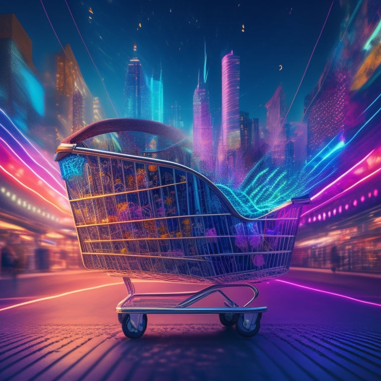 A stylized illustration of a shopping cart bursting with colorful, swirling patterns and geometric shapes, surrounded by glowing circuitry and wires, with a subtle cityscape in the background.