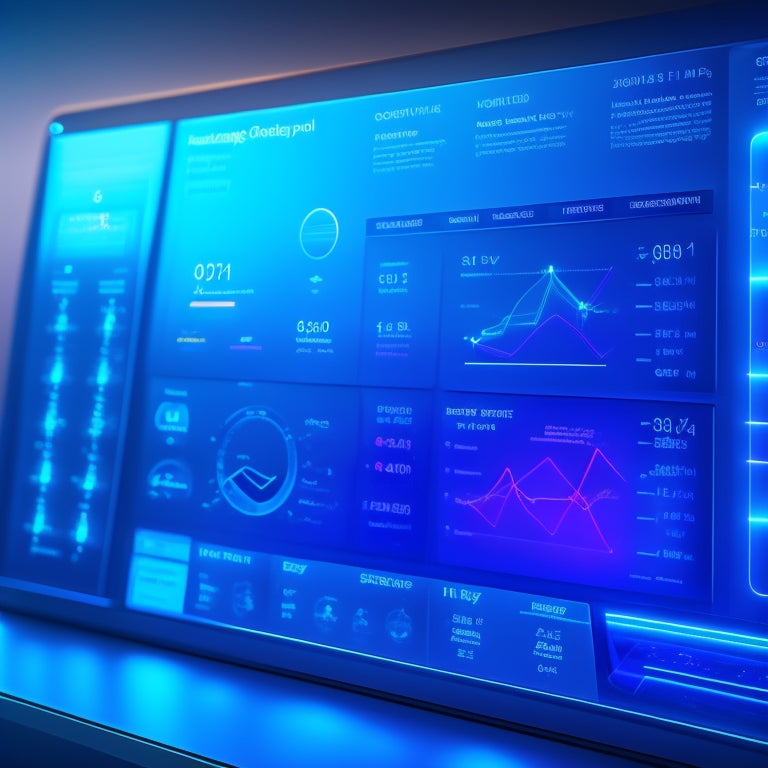 A futuristic, sleek dashboard with glowing blue lines and minimalist design elements, surrounded by holographic screens displaying sales analytics and product catalogs, set against a dark, gradient background.