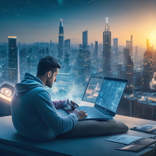 A stylized illustration of a person sitting in front of a laptop, surrounded by social media icons orbiting around them, with a subtle glow effect and a cityscape background at dusk.
