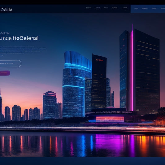 A futuristic, neon-lit cityscape at dusk with sleek skyscrapers, juxtaposed with a minimalist, modern ecommerce storefront in the foreground, showcasing a Joomla! 4 template on a large, curved screen.