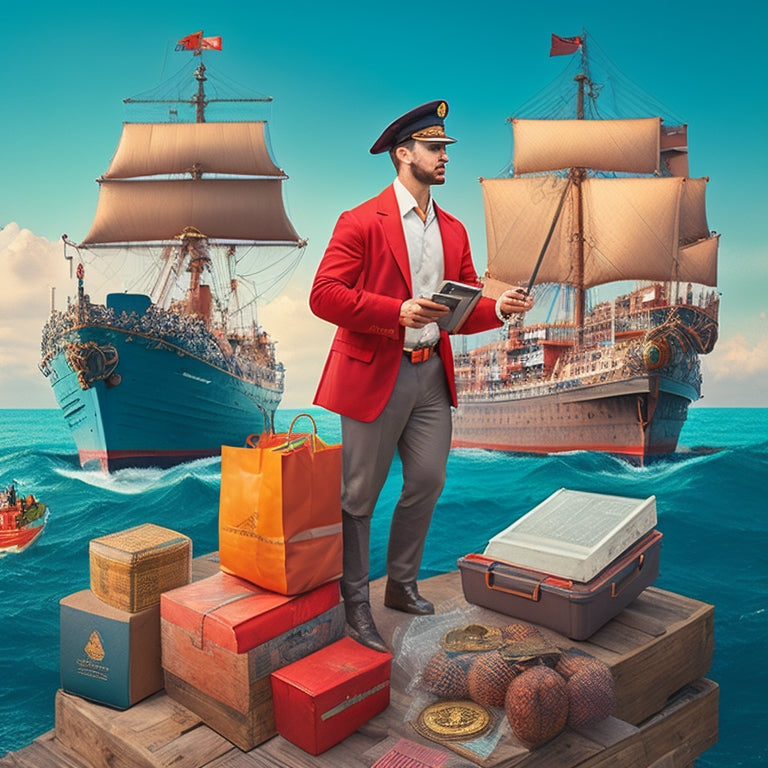 An illustration of a merchant standing at the helm of a ship, navigating through a sea of laptops, mobile devices, and shopping bags, with a compass in hand, surrounded by rising graphs and charts.