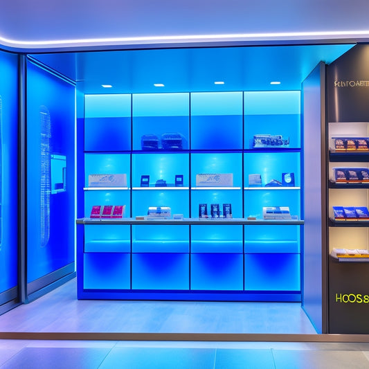 A futuristic retail store with sleek shelves and minimalist decor, surrounded by holographic product displays and interactive kiosks, with a glowing blue Idosell logo in the background.