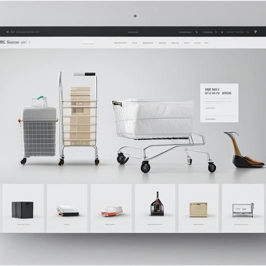 A futuristic, sleek, and modern online storefront with a minimalist white background, featuring a stylized shopping cart and various product categories on a responsive, mobile-friendly layout.