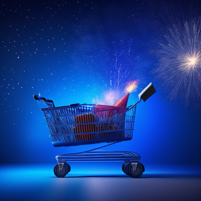 An illustration of a rising arrow piercing through a stylized shopping cart, surrounded by bursting fireworks and confetti, set against a dark blue background with subtle digital pattern overlays.