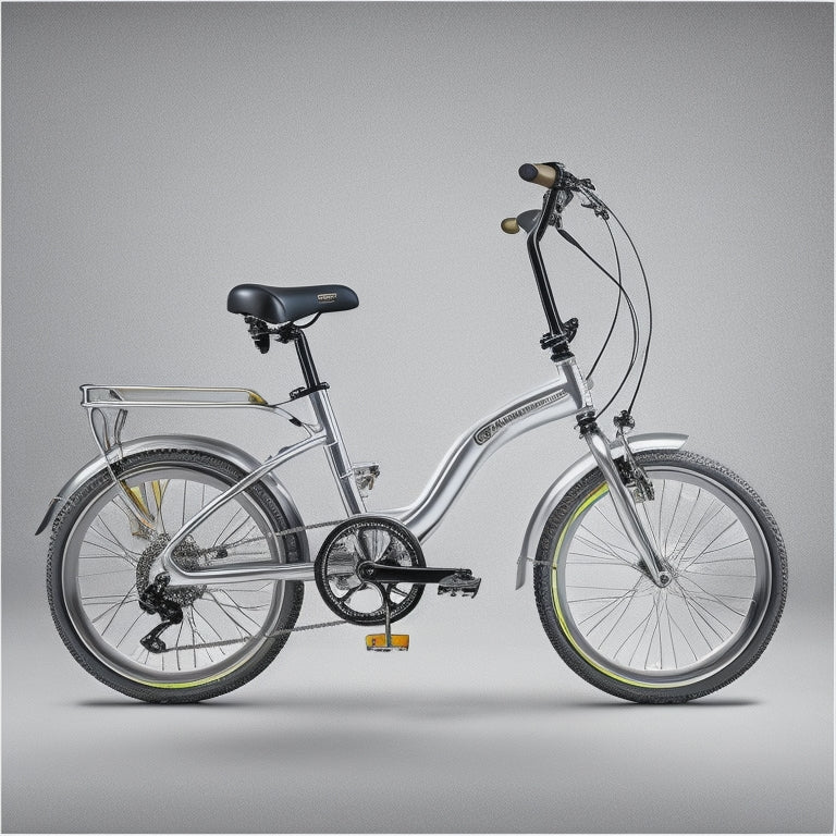 A shiny, silver Pedego electric bike stands on a white background, with five golden gears or cogs surrounding it, each with a subtle sparkle, symbolizing the 5-year warranty.