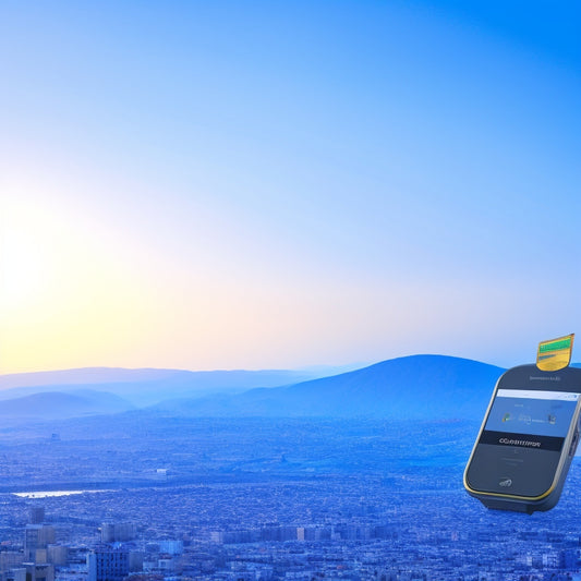 A split-screen image featuring a Palestinian flag waving in the foreground, with a blurred cityscape of Ramallah in the background, alongside a SHAZAM logo on a sleek, modern payment terminal.