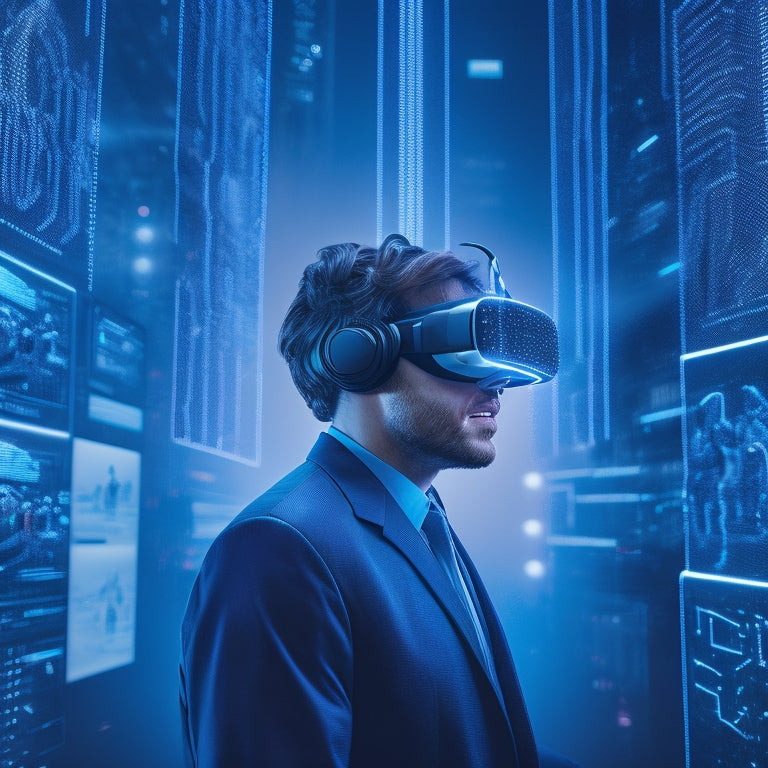 A futuristic, minimalist illustration of a customer surrounded by glowing digital screens, with 3D product prototypes and virtual reality headsets orbiting around them, set against a dark blue background with subtle circuit board patterns.