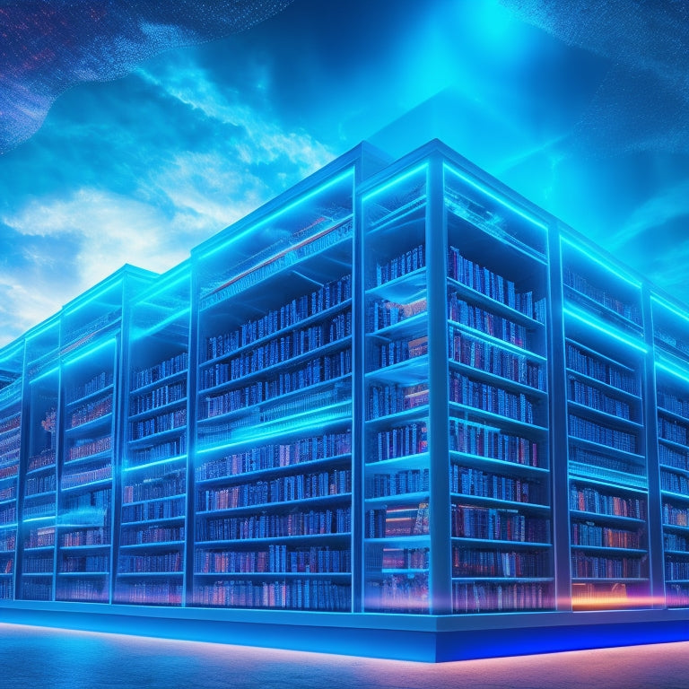 A futuristic virtual library with shelves upon shelves of glowing digital files and folders, surrounded by orbiting pixels and swirling clouds of code, bathed in a soft blue neon light.