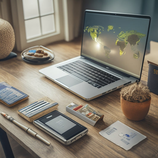 A stylized illustration of a merchant's workspace, featuring a laptop with a chart showing an upward trend, a credit card terminal, and a few packages with shipping labels, surrounded by subtle ecommerce icons.