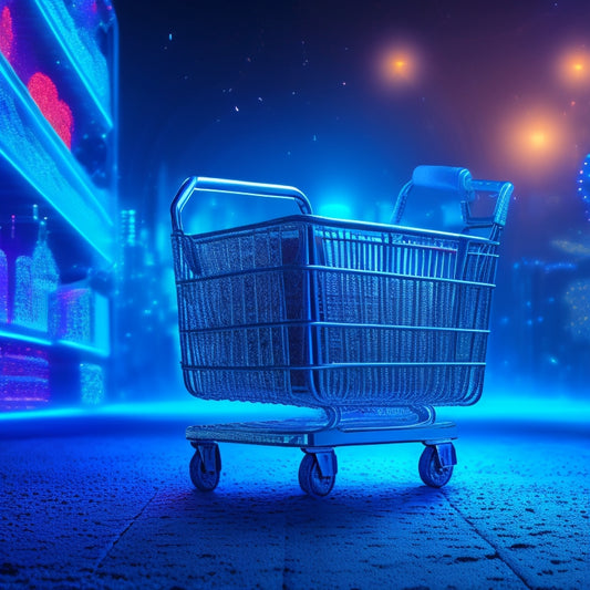 An abstract illustration featuring a large, ornate key unlocking a shopping cart, surrounded by glowing blue circuits, with subtle hints of a cityscape in the background, conveying security and e-commerce.