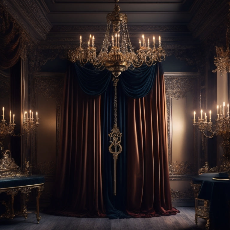 A luxurious, velvet-draped fitting room with five ornate, antique keys suspended in mid-air, each surrounded by a halo of light, against a dark, richly-textured background.