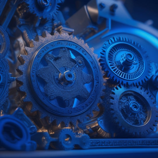 A intricate, 3D puzzle piece structure with interconnected gears, cogs, and levers, set against a dark blue background with subtle, shimmering lights, symbolizing complexity and precision.