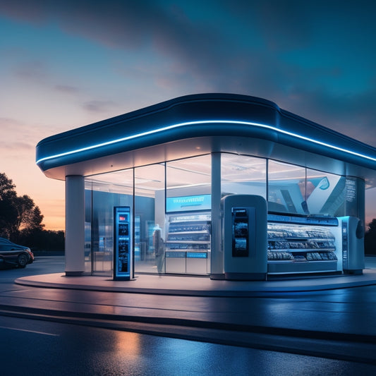 A futuristic retail storefront at dusk, with glowing LED lights and sleek payment terminals, surrounded by a network of interconnected gears and circuits, symbolizing seamless RMS integrations.