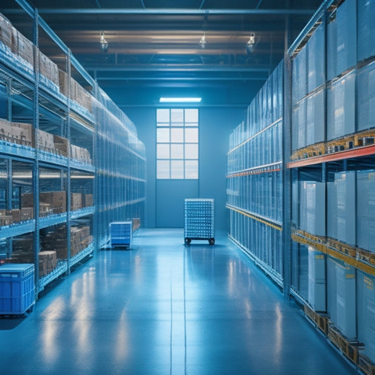 A futuristic warehouse with sleek, silver shelves and robots efficiently sorting packages, surrounded by holographic screens displaying real-time shipping updates and customer satisfaction ratings.