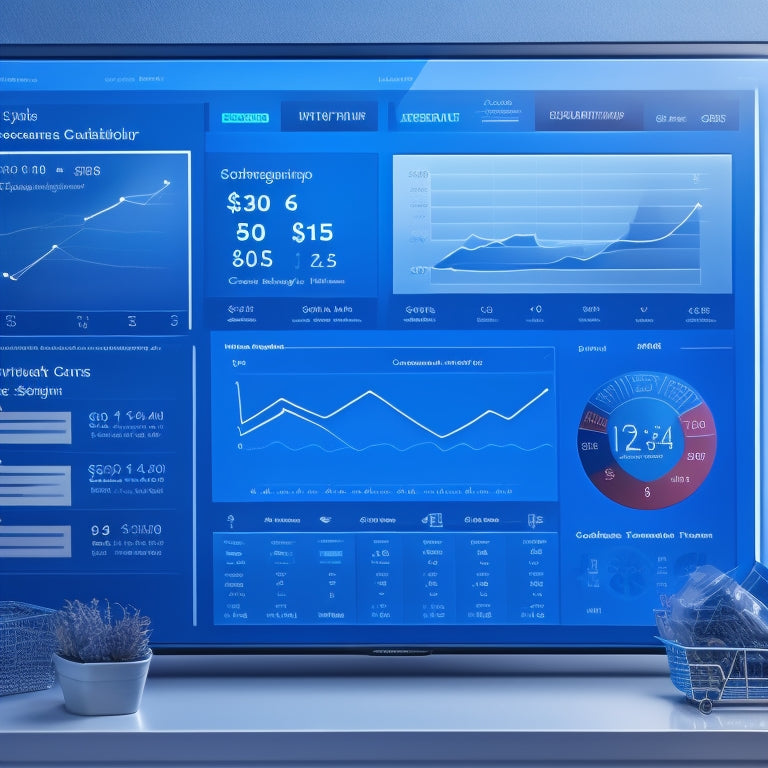 An illustration of a virtual dashboard displaying various ecommerce metrics, with gauges, charts, and graphs in shades of blue, surrounded by subtle ecommerce elements like shopping carts and coins.