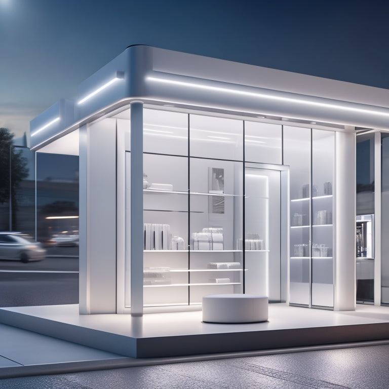 A stylized, modern illustration of a sleek, silver arrow elevating a small, minimalist storefront on a rising platform, surrounded by orbiting gears, circuits, and subtle LED lights.