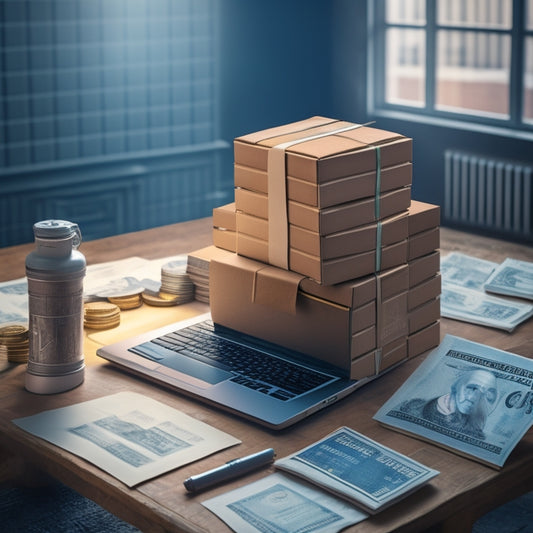 An illustration of a laptop surrounded by stacked boxes, each box overflowing with money, with a subtle background of a growing graph, and a faint outline of a person in the distance.