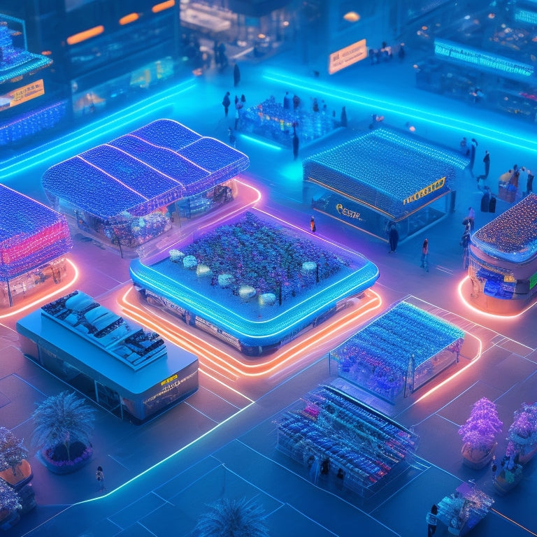 A futuristic, sleek, and modern illustration depicting a large, glowing marketplace hub with various vendor stalls, connected by neon-lit circuits and wires, surrounded by orbiting shopping carts and packages.