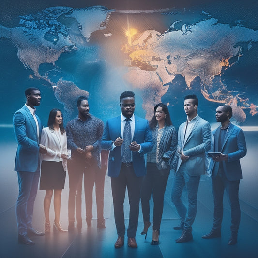 A stylized illustration featuring a diverse group of entrepreneurs standing in front of a large, glowing digital globe, surrounded by laptops, tablets, and smartphones, with subtle coding and circuitry patterns in the background.