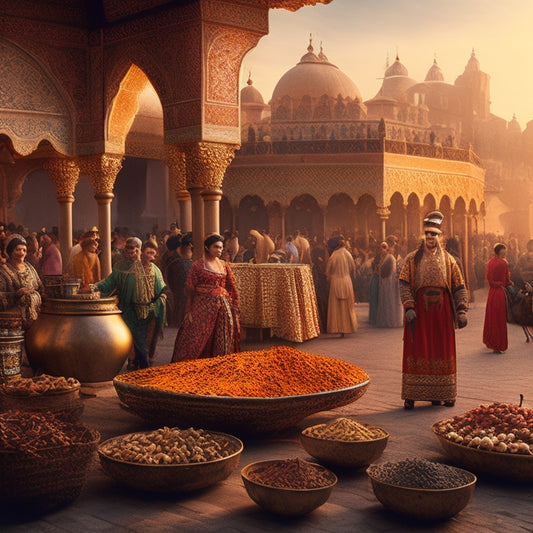 An illustration depicting a grand, ornate marketplace with merchants of diverse cultures and ages, surrounded by vibrant fabrics, exotic spices, and overflowing baskets, set against a warm, golden sunset backdrop.