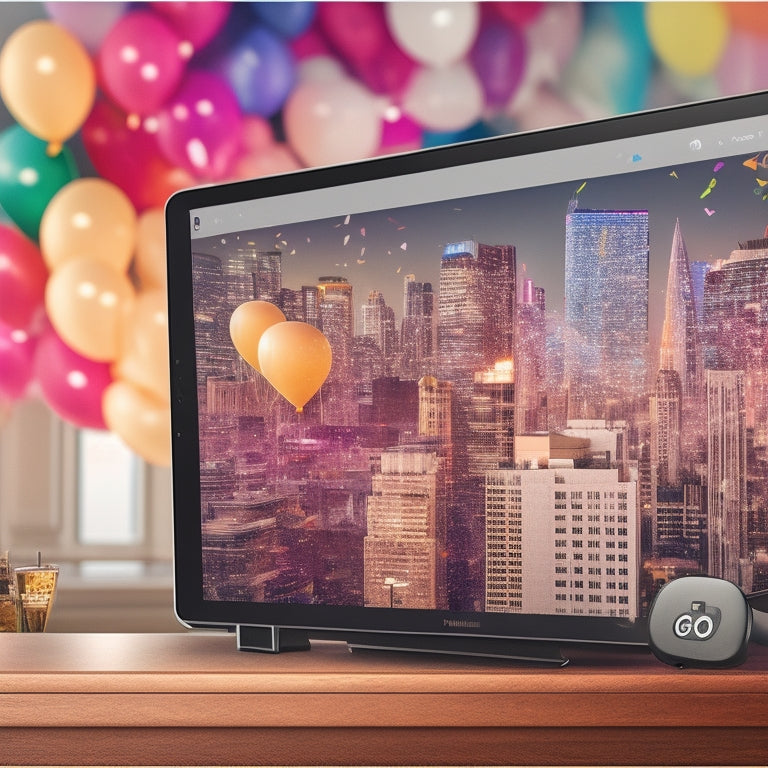 An illustration of a customer's digital device screen displaying a downloaded digital product, surrounded by confetti and balloons, with a subtle cityscape background and a rising graph in the corner.
