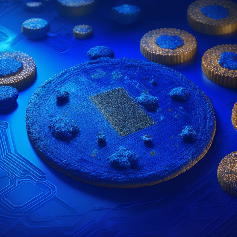 A futuristic, dark-blue background with a large, golden cookie in the center, cracked open to reveal a circuit board inside, surrounded by tiny, glowing JavaScript symbols and intricate, swirling patterns of code.