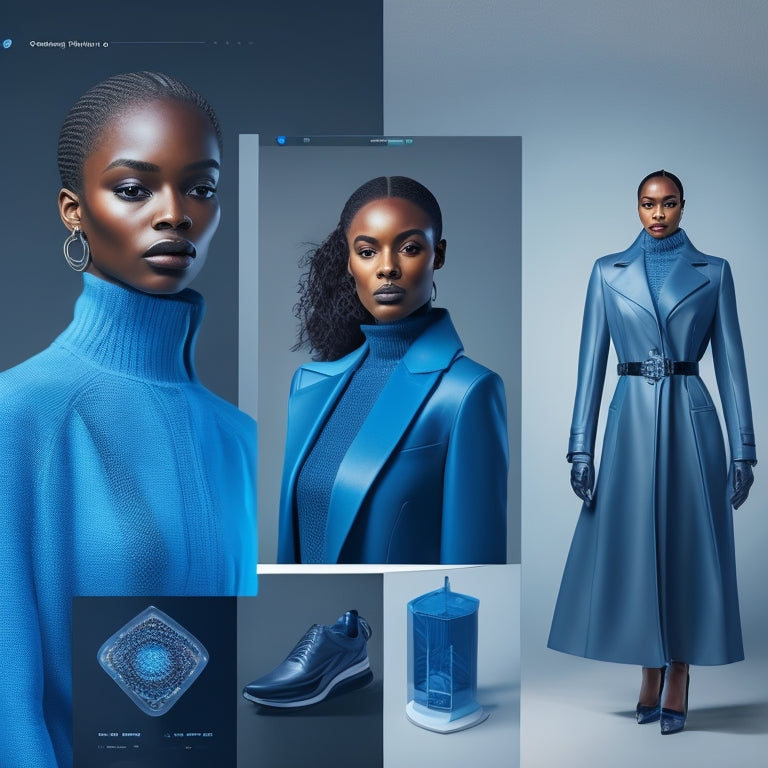 A futuristic e-commerce platform with 3D product models, AR try-on features, and personalized AI-powered recommendations, set against a clean, minimalist background with subtle digital waves and glowing blue accents.