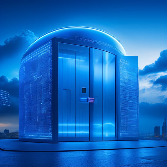 A futuristic, sleek storefront with a glowing blue lock in the center, surrounded by swirling clouds of data and dollar signs, with a subtle cityscape at dusk in the background.