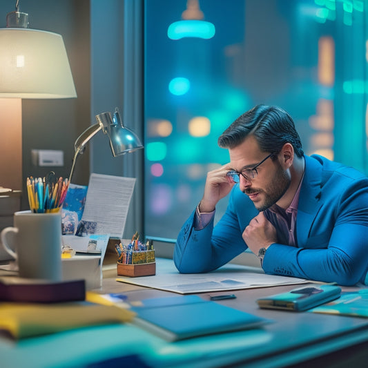 A person sitting at a desk surrounded by scattered papers, colorful pens, and a laptop, with a cityscape or retail store window blurred in the background, wearing a thoughtful expression.