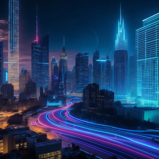 A futuristic, neon-lit cityscape at dusk with coding symbols and regex patterns projected onto skyscrapers, amidst a web of glowing blue circuits and pulsing jquery logos.