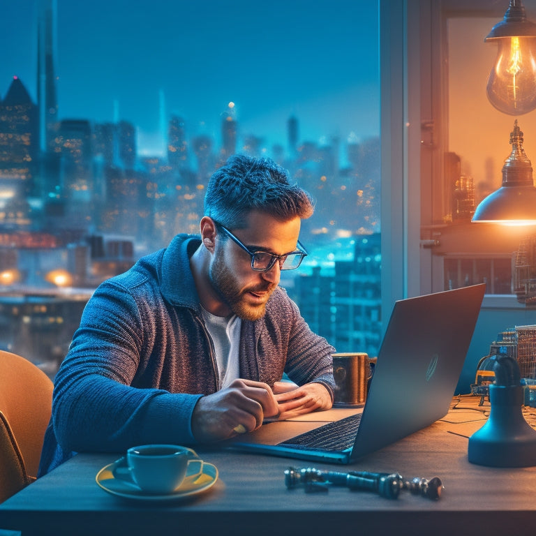 An illustration of a merchant sitting in front of a laptop, surrounded by puzzles, gears, and lightbulbs, with a cityscape or online marketplace background, conveying organization, innovation, and success.