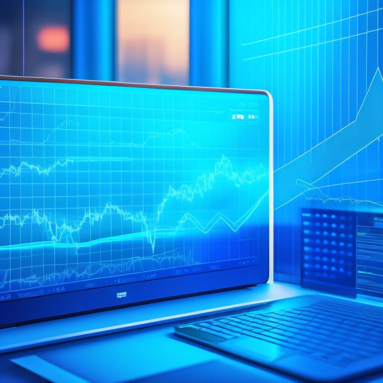 A stylized graph with rising arrows and growing revenue bars in shades of blue, surrounded by scattered laptops, tablets, and smartphones, set against a bright, gradient blue background.